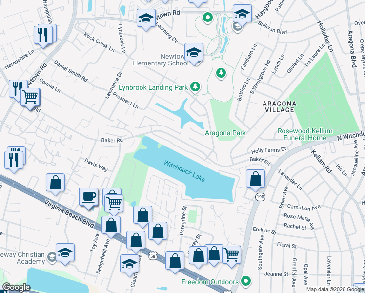 map of restaurants, bars, coffee shops, grocery stores, and more near 5508 Bulls Bay Drive in Virginia Beach