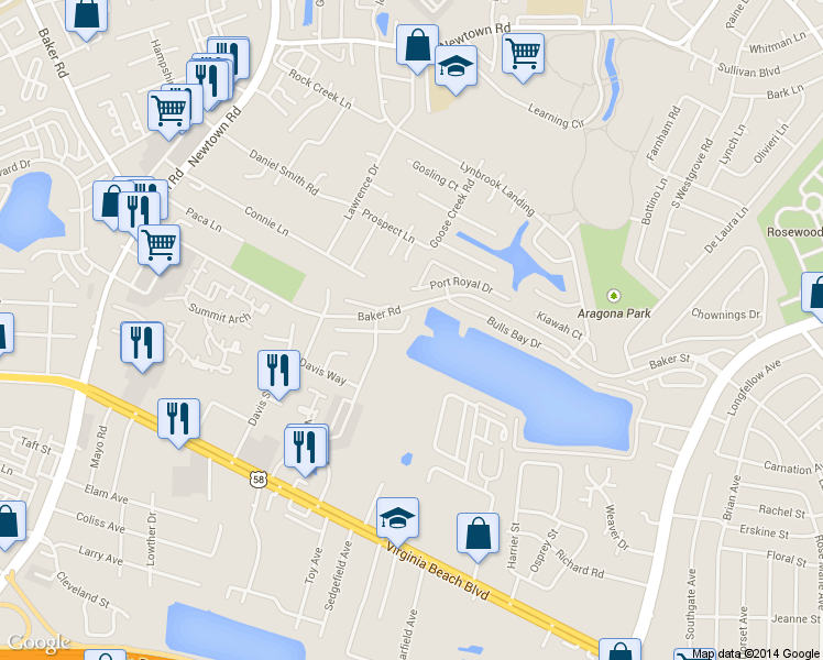 map of restaurants, bars, coffee shops, grocery stores, and more near 5417 Trumpet Vine Court in Virginia Beach