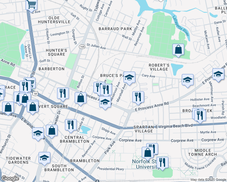 map of restaurants, bars, coffee shops, grocery stores, and more near 1254 Maltby Avenue in Norfolk