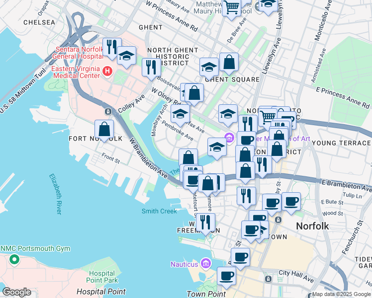 map of restaurants, bars, coffee shops, grocery stores, and more near 308 Colonial Avenue in Norfolk