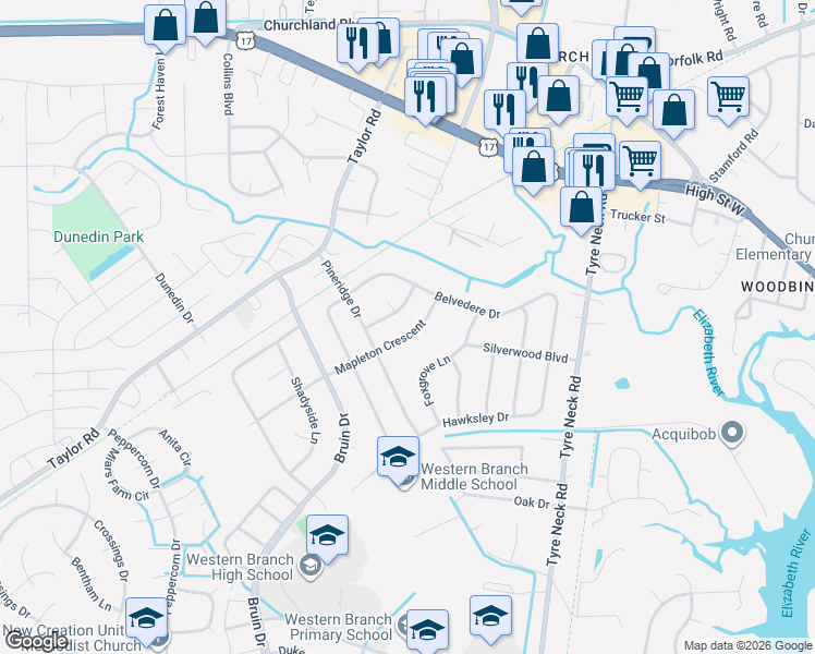 map of restaurants, bars, coffee shops, grocery stores, and more near 3308 Kindlewood Crescent in Chesapeake