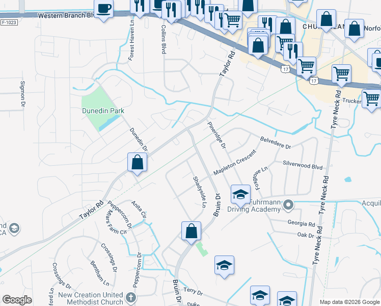 map of restaurants, bars, coffee shops, grocery stores, and more near 3332 Bruin Drive in Chesapeake