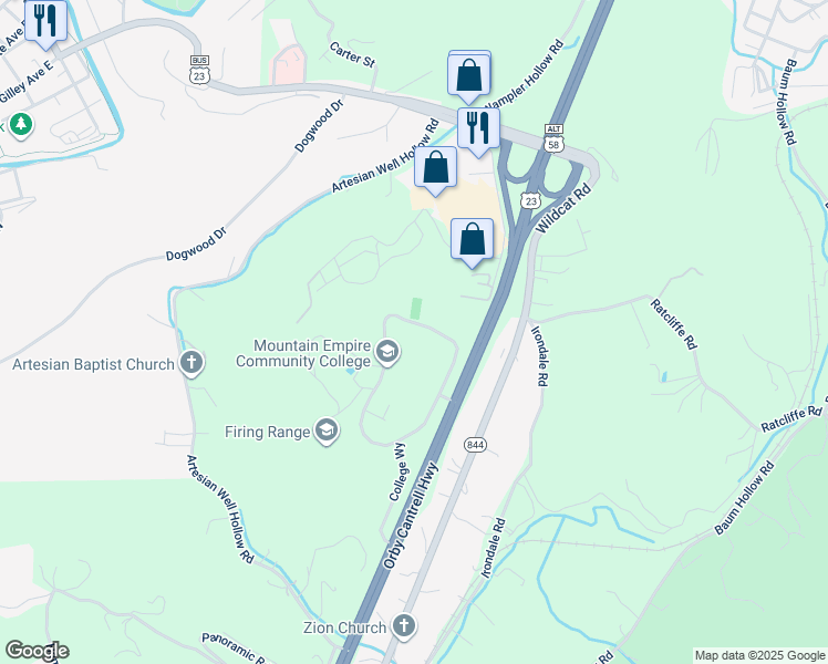 map of restaurants, bars, coffee shops, grocery stores, and more near 3447-3489 Mountain Empire Road in Big Stone Gap
