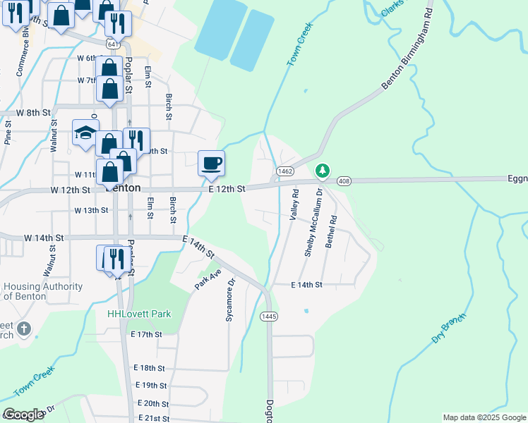 map of restaurants, bars, coffee shops, grocery stores, and more near 725 East 13th Street in Benton
