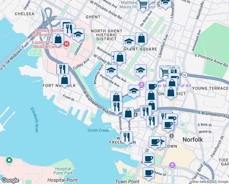 map of restaurants, bars, coffee shops, grocery stores, and more near 308 Colonial Avenue in Norfolk