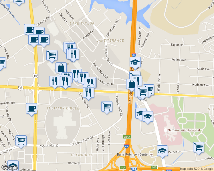map of restaurants, bars, coffee shops, grocery stores, and more near 6009 Lockamy Lane in Norfolk