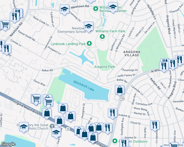 map of restaurants, bars, coffee shops, grocery stores, and more near 5436 Kiawah Court in Virginia Beach