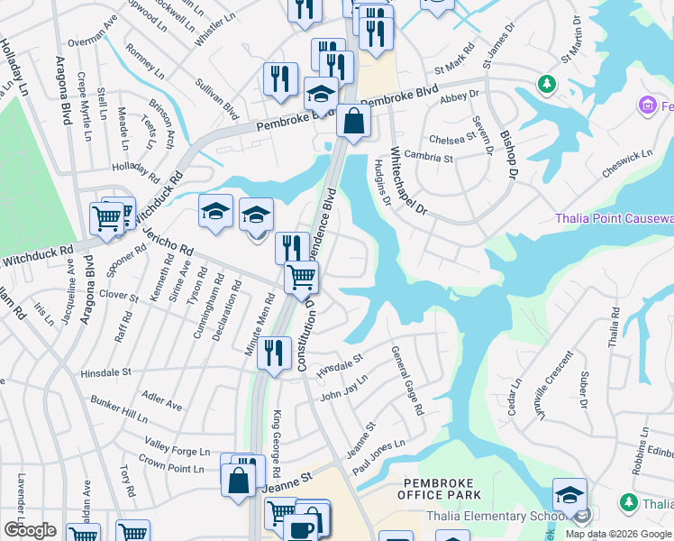 map of restaurants, bars, coffee shops, grocery stores, and more near 4513 Hessian Court in Virginia Beach