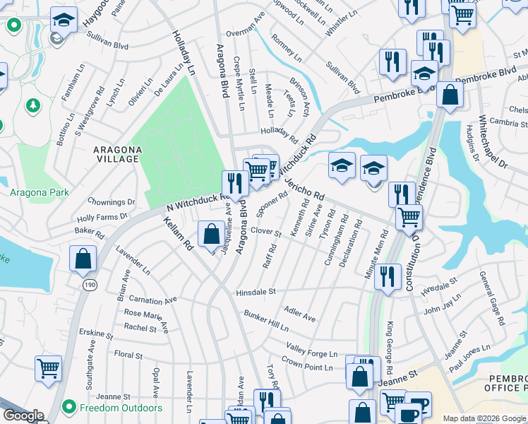 map of restaurants, bars, coffee shops, grocery stores, and more near 682 Spooner Road in Virginia Beach