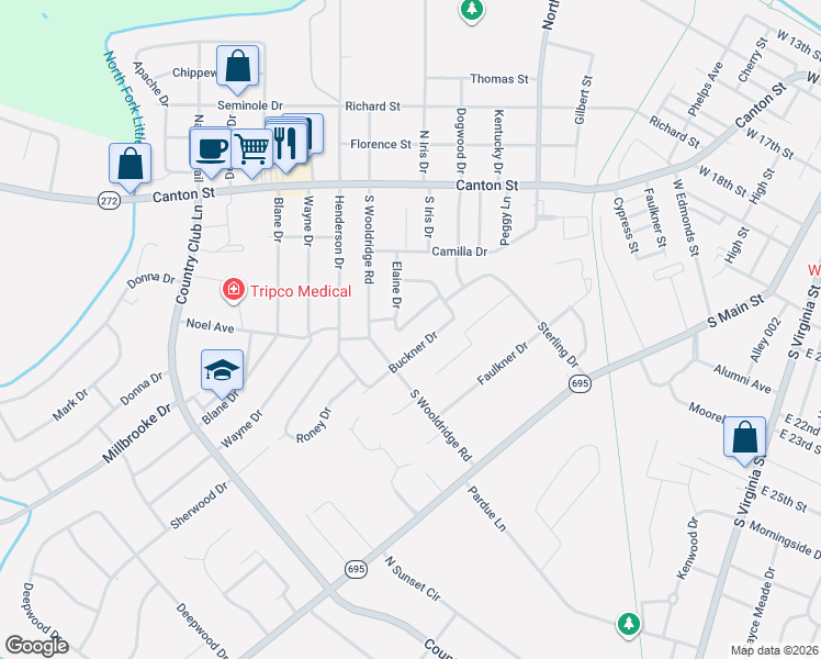 map of restaurants, bars, coffee shops, grocery stores, and more near 412 Merriwood Parkway in Hopkinsville