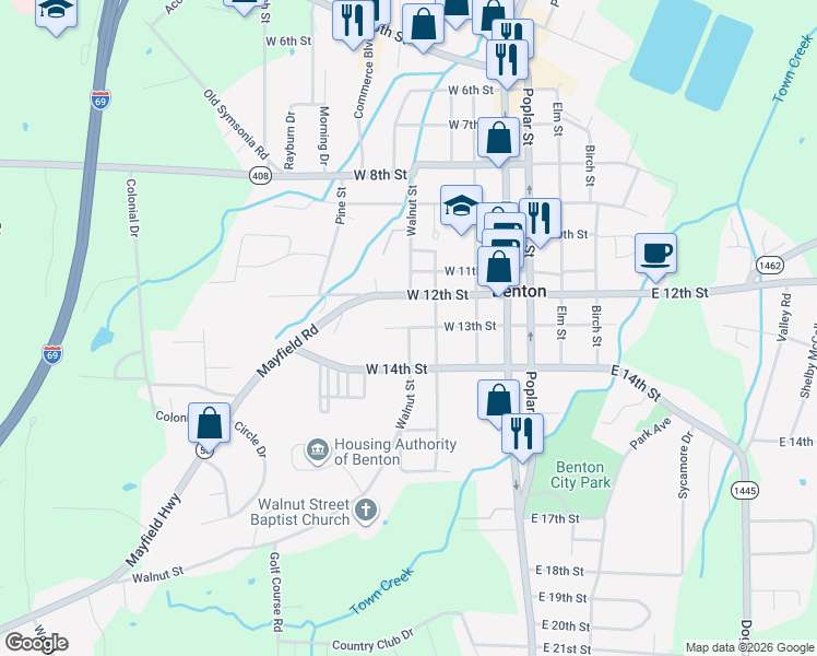 map of restaurants, bars, coffee shops, grocery stores, and more near 398 W 13th St in Benton