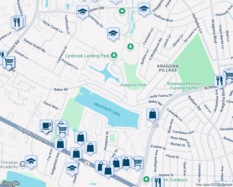 map of restaurants, bars, coffee shops, grocery stores, and more near 5437 Kiawah Court in Virginia Beach