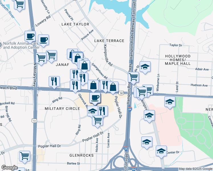 map of restaurants, bars, coffee shops, grocery stores, and more near 6009 Lockamy Lane in Norfolk