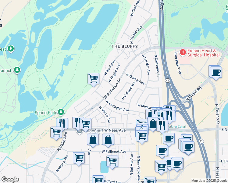 map of restaurants, bars, coffee shops, grocery stores, and more near 409 West Audubon Drive in Fresno