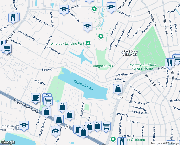 map of restaurants, bars, coffee shops, grocery stores, and more near 5437 Kiawah Court in Virginia Beach