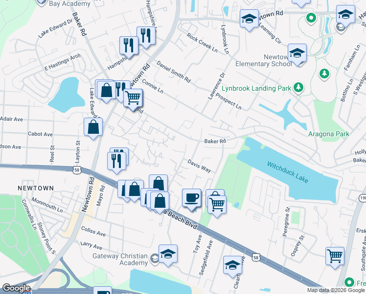 map of restaurants, bars, coffee shops, grocery stores, and more near 585 Davis Street in Virginia Beach