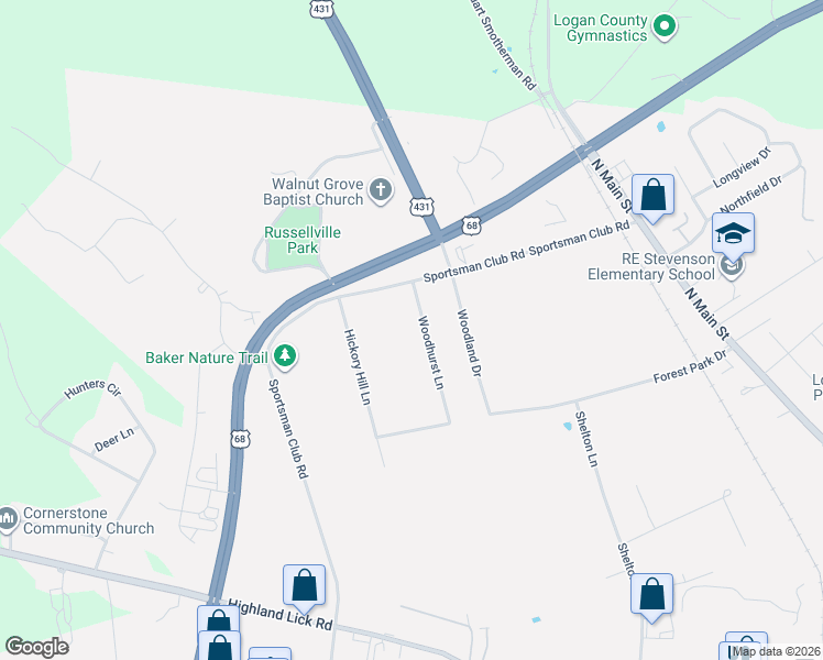map of restaurants, bars, coffee shops, grocery stores, and more near 100-116 Woodhurst Lane in Russellville