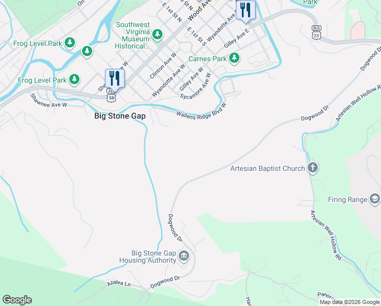 map of restaurants, bars, coffee shops, grocery stores, and more near in Big Stone Gap