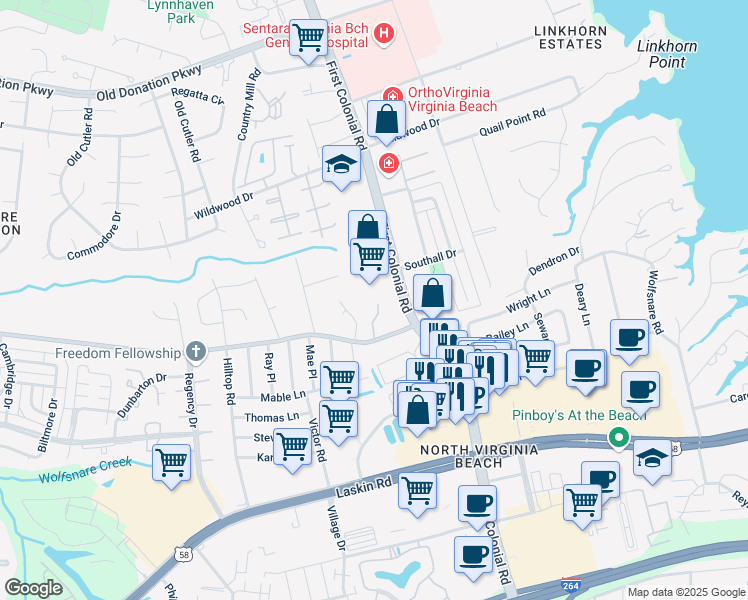 map of restaurants, bars, coffee shops, grocery stores, and more near 923 First Colonial Road in Virginia Beach