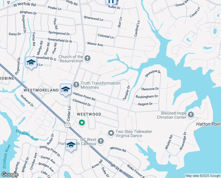 map of restaurants, bars, coffee shops, grocery stores, and more near 3408 Wakefield Drive in Portsmouth