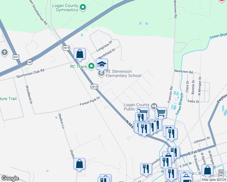map of restaurants, bars, coffee shops, grocery stores, and more near 800-808 Main Street in Russellville