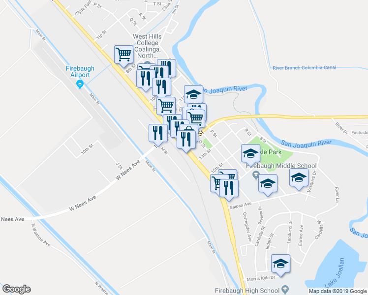 map of restaurants, bars, coffee shops, grocery stores, and more near N Street in Firebaugh