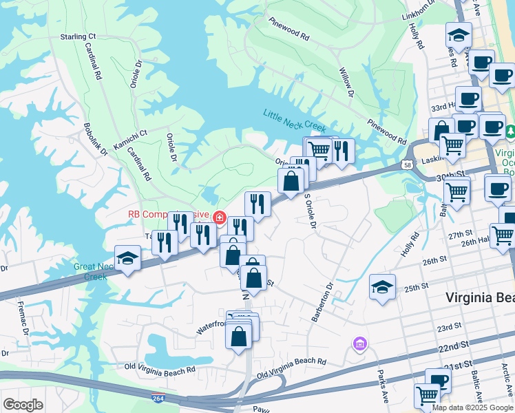 map of restaurants, bars, coffee shops, grocery stores, and more near 1060 Laskin Road in Virginia Beach