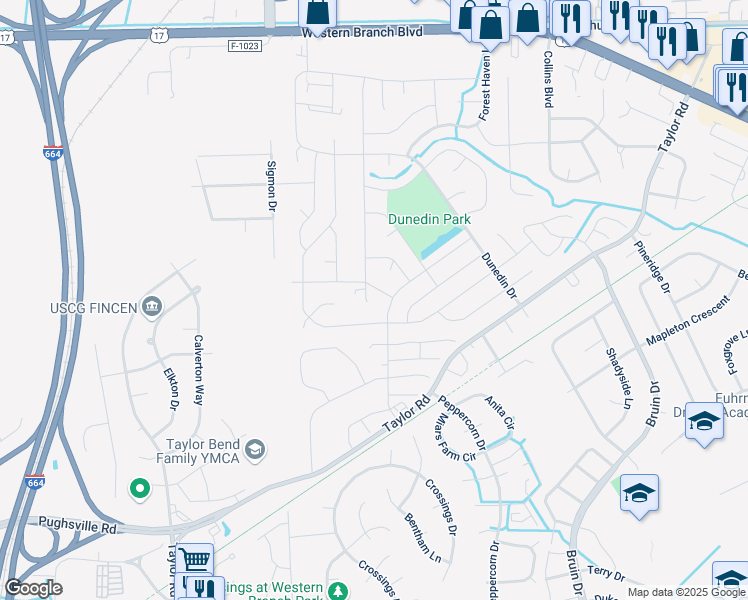 map of restaurants, bars, coffee shops, grocery stores, and more near 3305 Kinsington Drive in Chesapeake