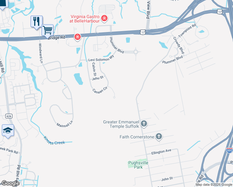 map of restaurants, bars, coffee shops, grocery stores, and more near 111 Zebulon Court in Suffolk