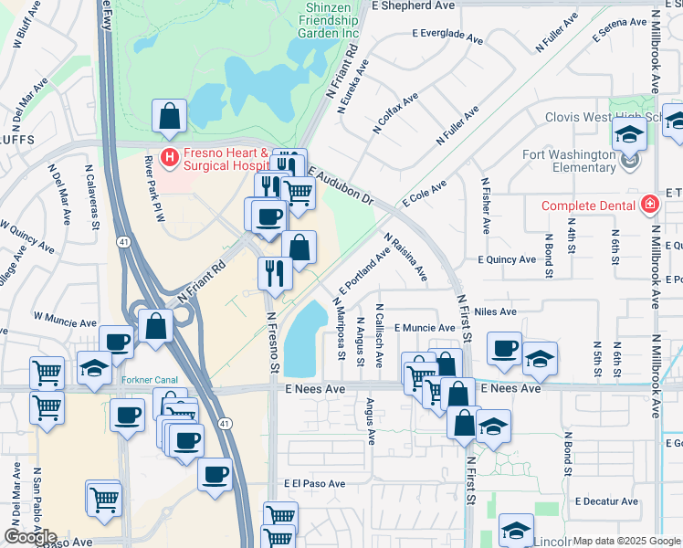 map of restaurants, bars, coffee shops, grocery stores, and more near 161 East Cole Avenue in Fresno