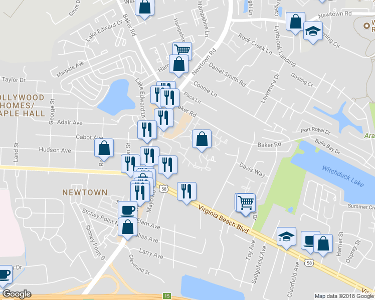 map of restaurants, bars, coffee shops, grocery stores, and more near 5694 Landfall Drive in Virginia Beach