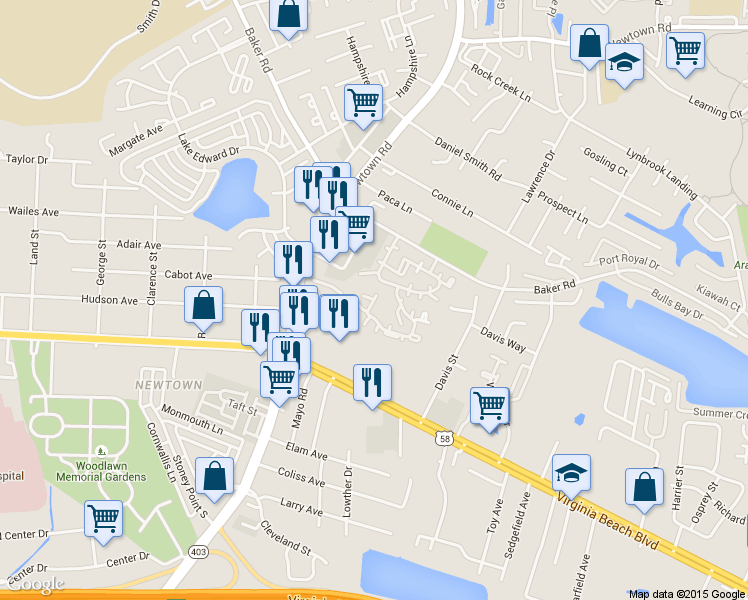map of restaurants, bars, coffee shops, grocery stores, and more near 5694 Landfall Drive in Virginia Beach
