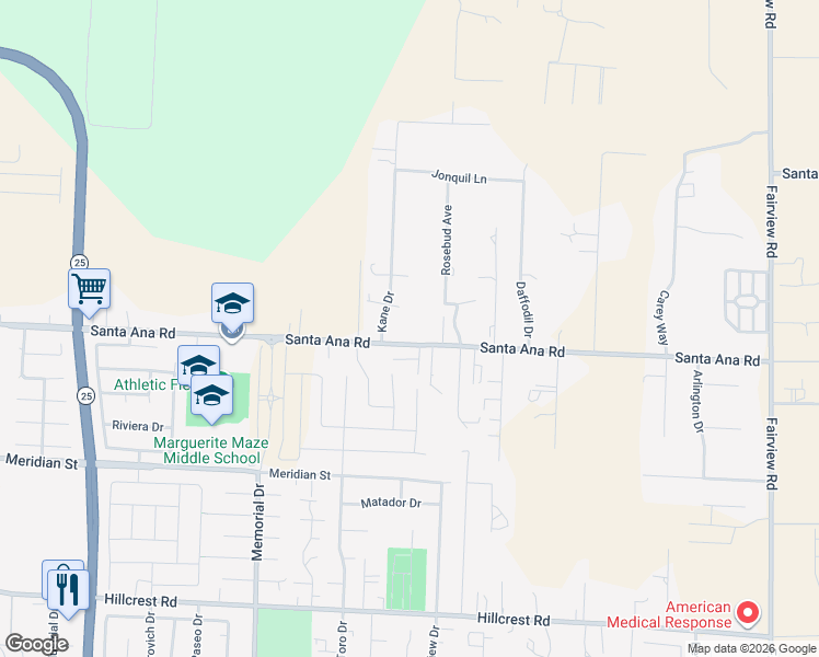 map of restaurants, bars, coffee shops, grocery stores, and more near 135 Kane Drive in Hollister