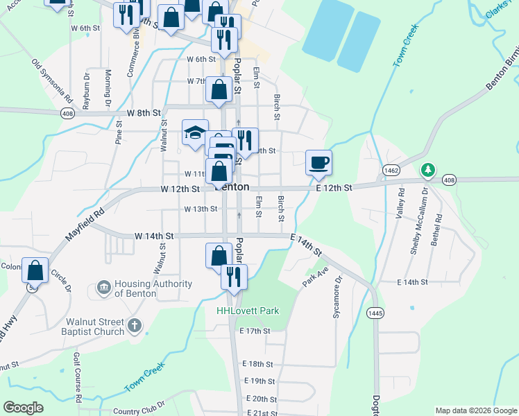 map of restaurants, bars, coffee shops, grocery stores, and more near 1187 Elm St in Benton