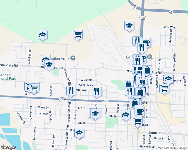 map of restaurants, bars, coffee shops, grocery stores, and more near 31 Acacia Court in Hollister