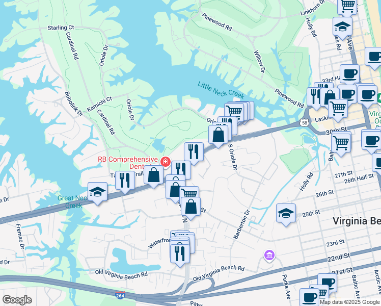 map of restaurants, bars, coffee shops, grocery stores, and more near 1064 Laskin Road in Virginia Beach