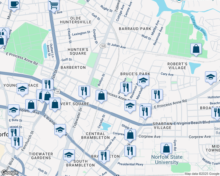 map of restaurants, bars, coffee shops, grocery stores, and more near 1235 Courtney Avenue in Norfolk