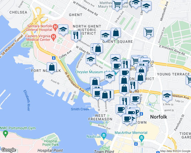 map of restaurants, bars, coffee shops, grocery stores, and more near 401 Warren Crescent in Norfolk