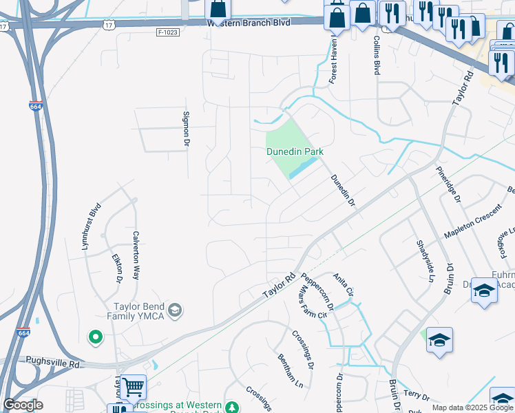 map of restaurants, bars, coffee shops, grocery stores, and more near 3305 Kinsington Drive in Chesapeake