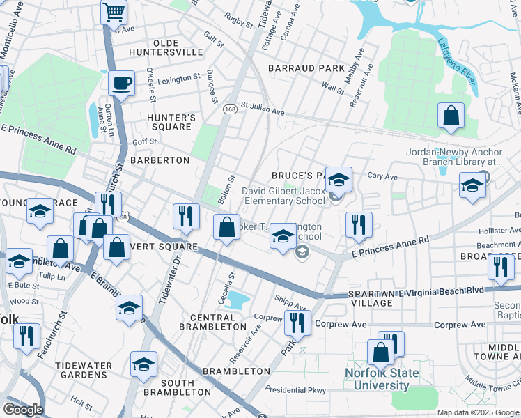 map of restaurants, bars, coffee shops, grocery stores, and more near 1230 Courtney Avenue in Norfolk
