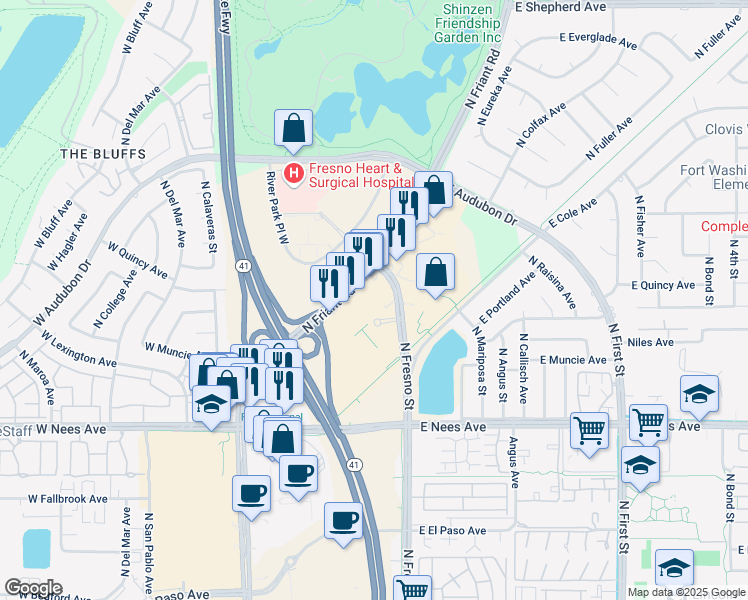 map of restaurants, bars, coffee shops, grocery stores, and more near 8405 North Fresno Street in Fresno
