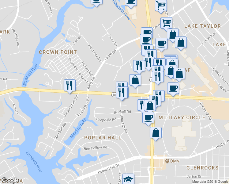 map of restaurants, bars, coffee shops, grocery stores, and more near 5570 U.S. 58 in Norfolk