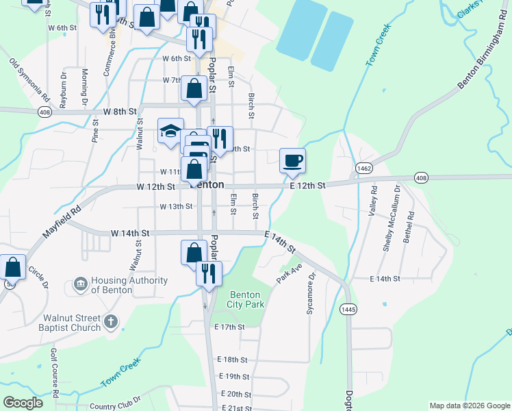 map of restaurants, bars, coffee shops, grocery stores, and more near 1299 Birch St in Benton