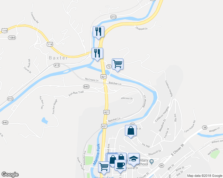 map of restaurants, bars, coffee shops, grocery stores, and more near 40 Kerns Lane in Baxter