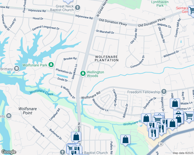map of restaurants, bars, coffee shops, grocery stores, and more near 828 North Plantation Drive in Virginia Beach