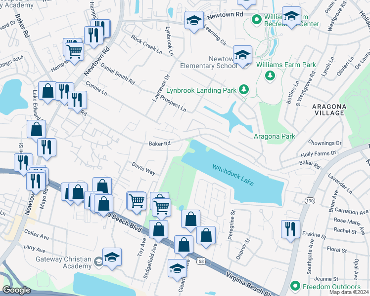 map of restaurants, bars, coffee shops, grocery stores, and more near 5428 Trumpet Vine Court in Virginia Beach