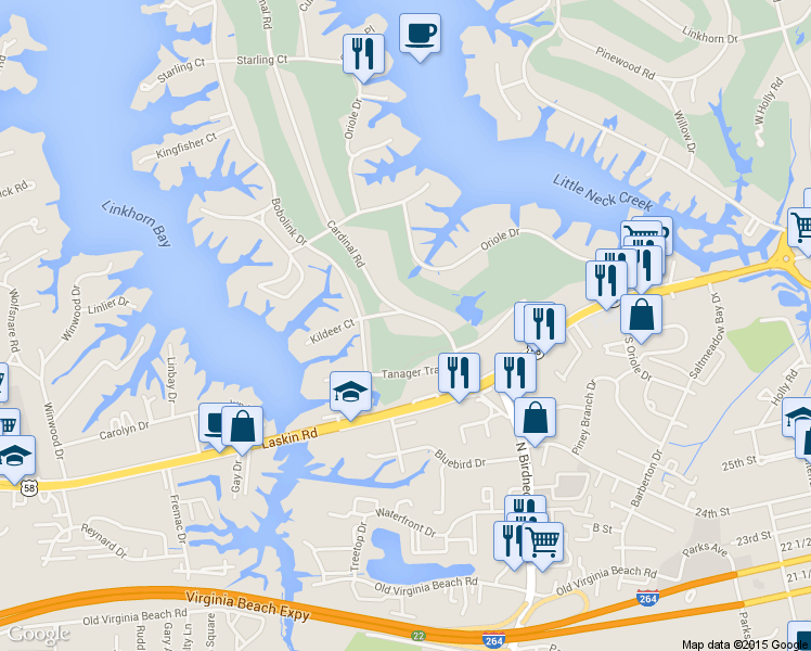 map of restaurants, bars, coffee shops, grocery stores, and more near 809 Cardinal Road in Virginia Beach