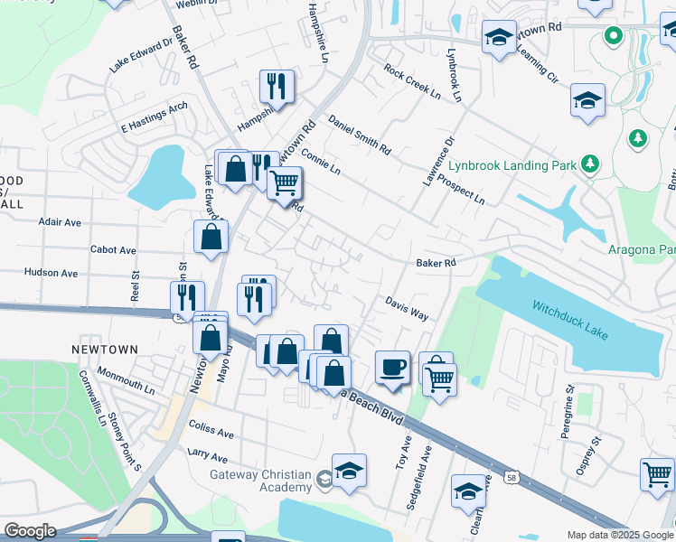 map of restaurants, bars, coffee shops, grocery stores, and more near 618 Spirit Court in Virginia Beach
