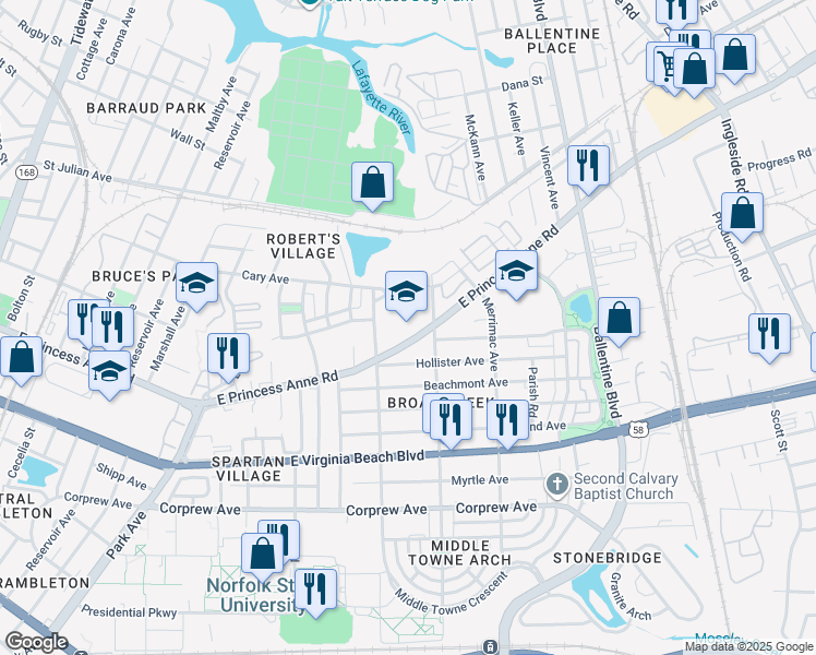 map of restaurants, bars, coffee shops, grocery stores, and more near 2700 East Princess Anne Road in Norfolk