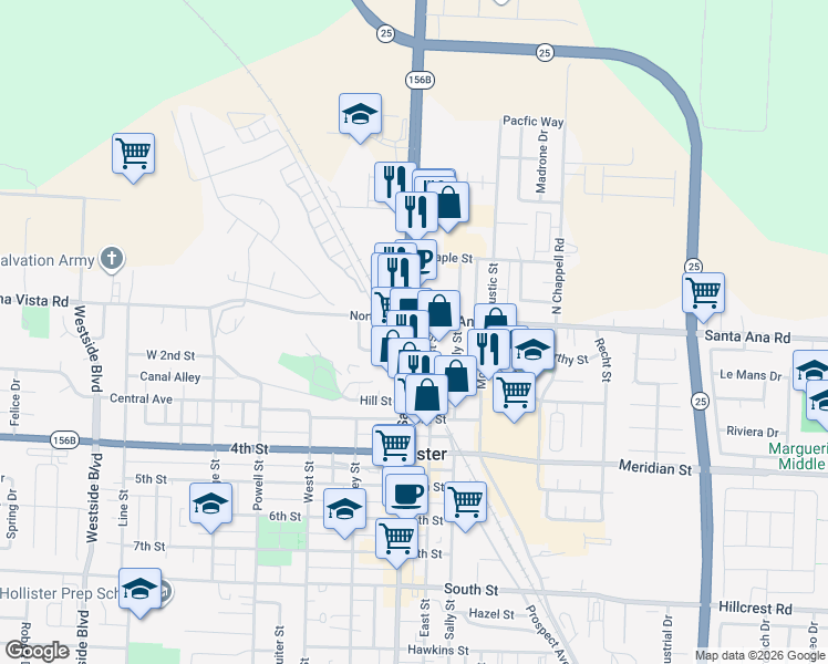 map of restaurants, bars, coffee shops, grocery stores, and more near 23 San Benito St in Hollister